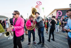 Danny Clinch with Clint Maedgen  and  Ben Jaffe of  the Preservation Hall Jazz Band  at the Mermaid  Parade/  photo by Katrina Barber/ courtesy of Fresh Clean Media